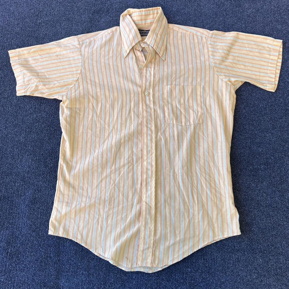Vintage Durable Press Shirt Mens Large Yellow Pastel Stripe Short‎ Sleeve Button